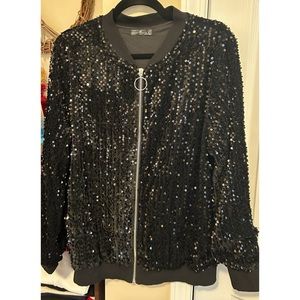 NWOT SHEIN Emery Rose Sequin Zipper Bomber Jacket Black Sz L (fits like XL)